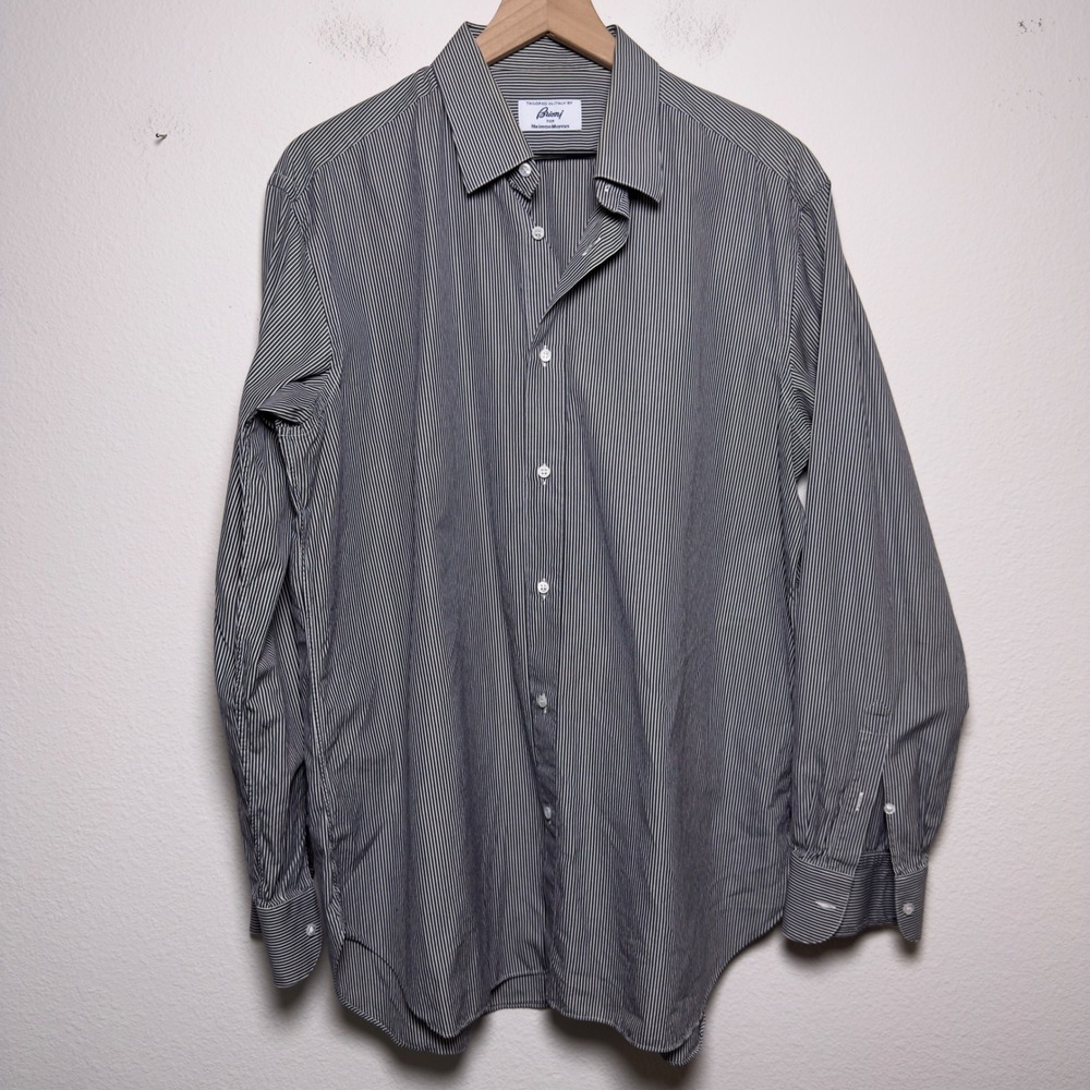 Brioni Men Cotton Button Down Shirt 2XL Gray White Striped Italian Luxury Long